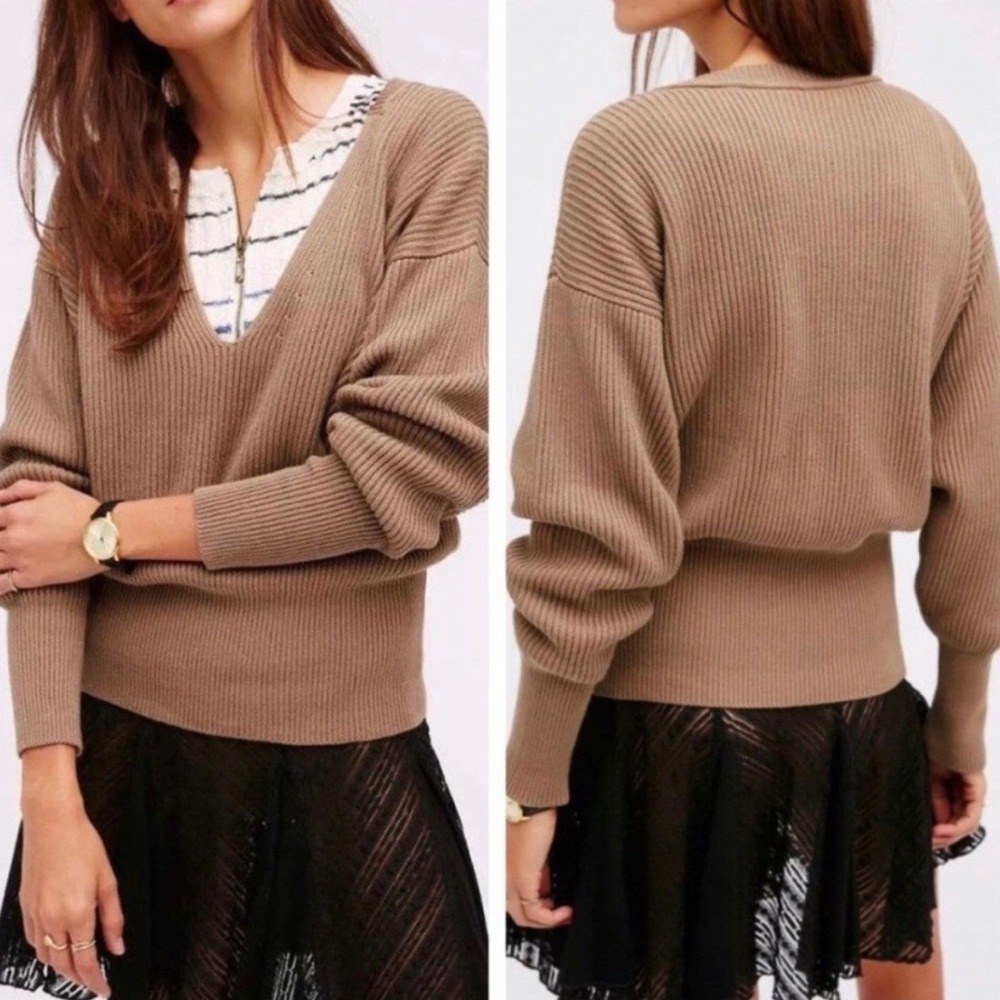 Free People Allure Pullover Ribbed Knit Oversized Sweater Sz Small Tan Brown Y2K